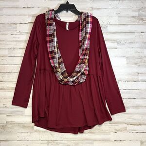 MTS Sz L Burgundy Long Sleeve Ruffle Peplum Relaxed Tee With Scarf